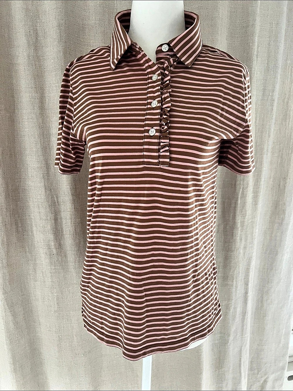 Tory Sport Striped Short Sleeve Polo in Brown & Pink. Sz Small